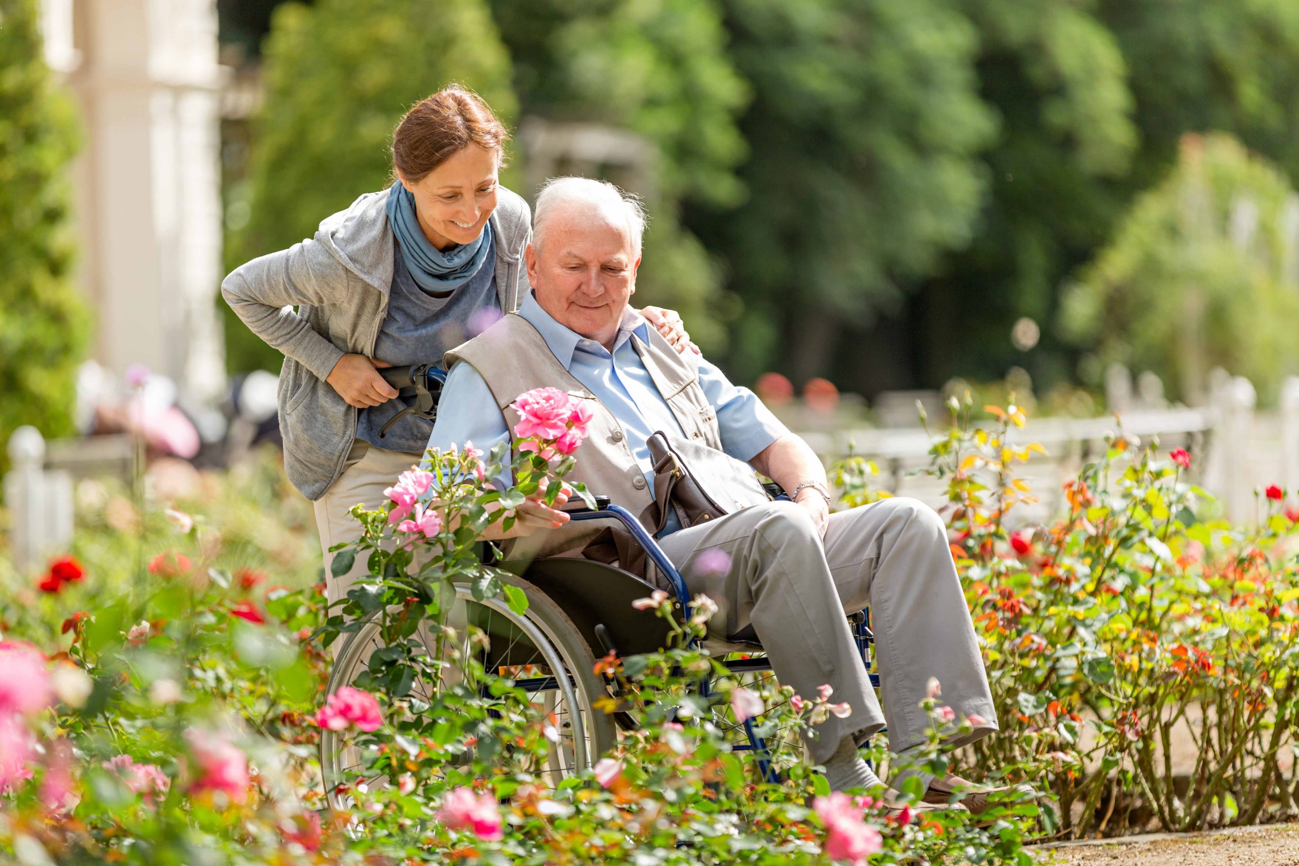 Woman pushing older man in a wheelchair on a garden path