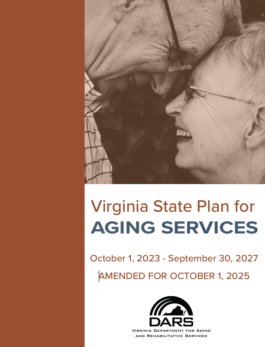 cover screenshot of state plan for aging services featuring photo of two seniors with their heads together and laughing