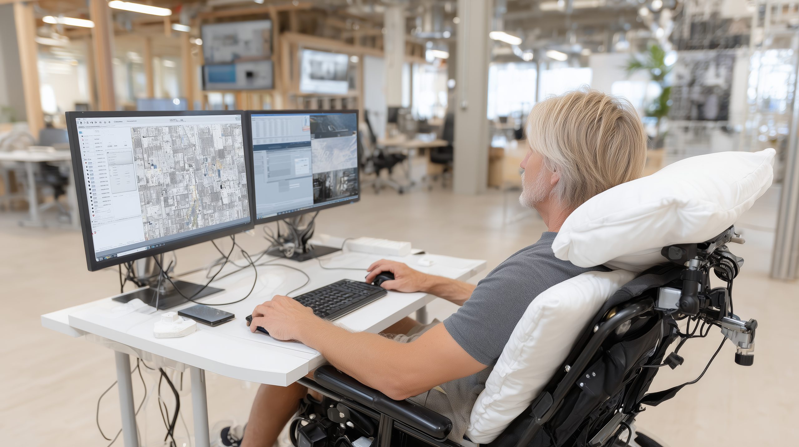 A man in an adaptive wheelchair with cushions uses a computer with double monitors in an office setting