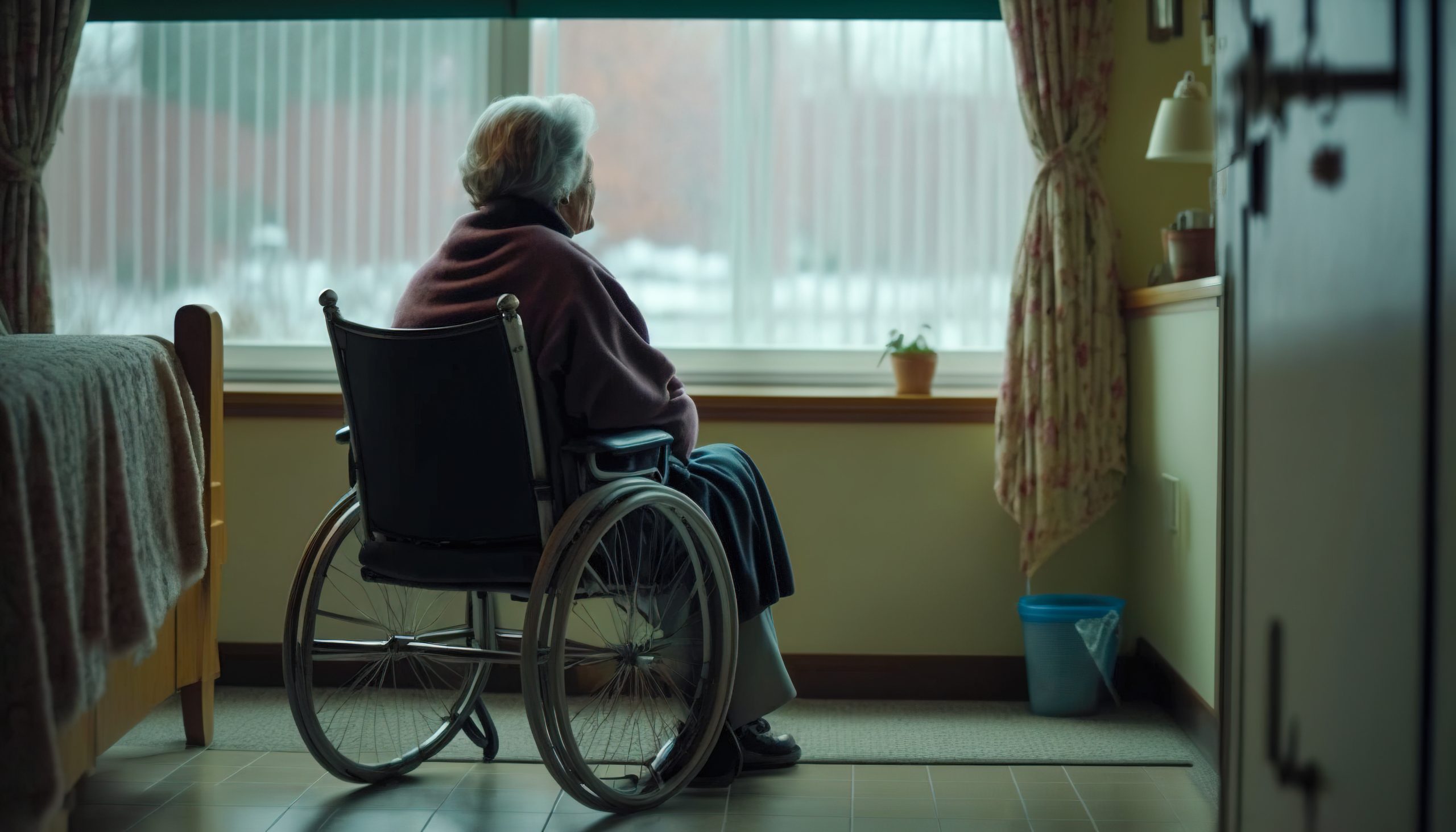 Lonely senior woman in a wheelchair in nursing home looking out the window